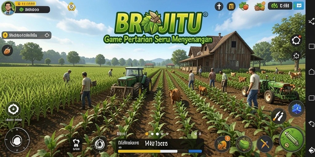 Tangkapan layar utama gameplay BROJITU menampilkan kebun yang penuh warna.