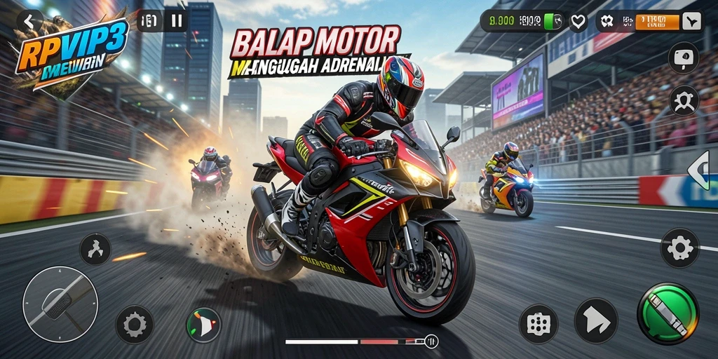 Gameplay RPVIP3 menampilkan kecepatan menegangkan di lintasan balap motor.